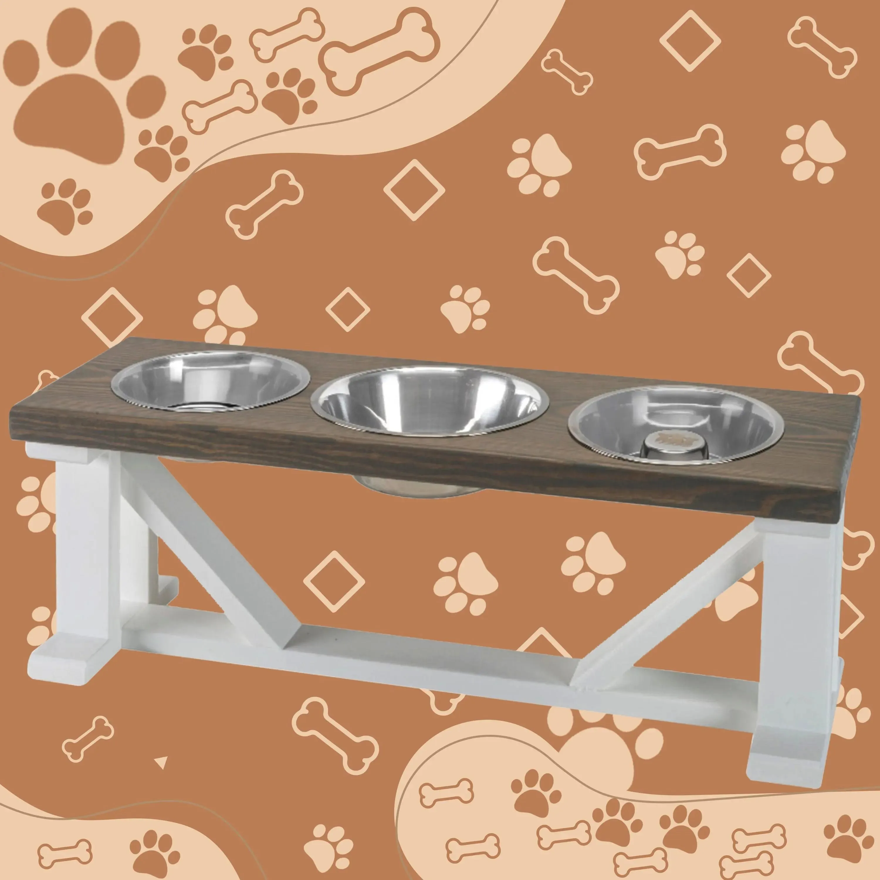 3 Bowl Dog Feeder and Stand Best triple diner feeder with White Bases & Slow Feed Option