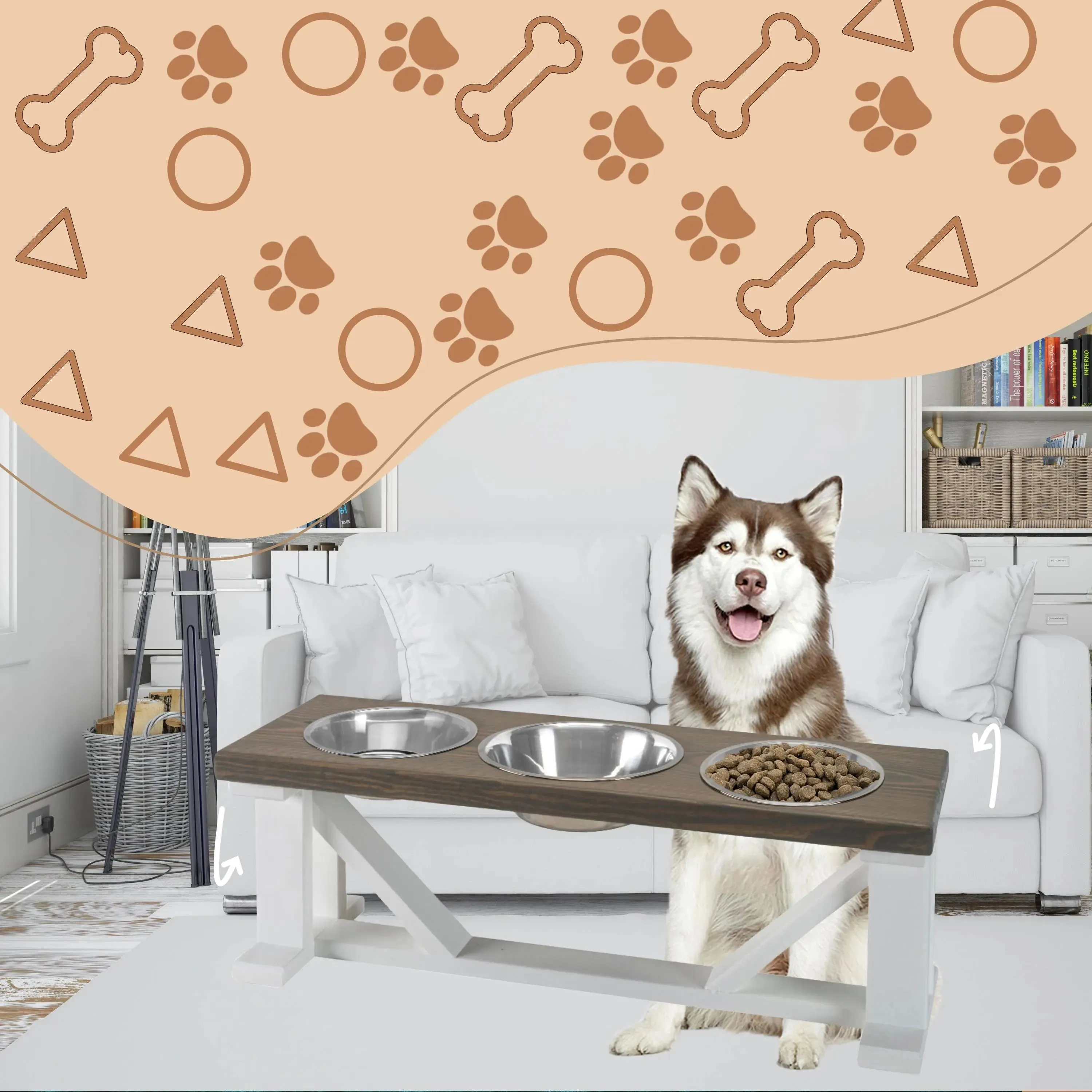 3 Bowl Dog Feeder and Stand Best triple diner feeder with White Bases & Slow Feed Option