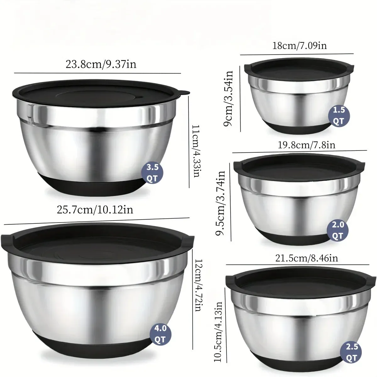 8 Piece Stainless Steel Mixing Bowl Set With Airtight Lids Non Slip Bottoms Black Baking & Serving