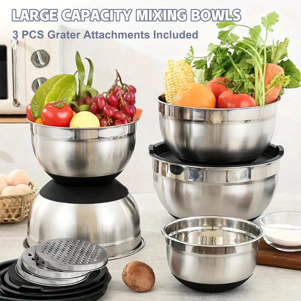 8 Piece Stainless Steel Mixing Bowl Set With Airtight Lids Non Slip Bottoms Black Baking & Serving