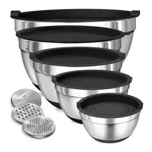 8 Piece Stainless Steel Mixing Bowl Set With Airtight Lids Non Slip Bottoms Black Baking & Serving