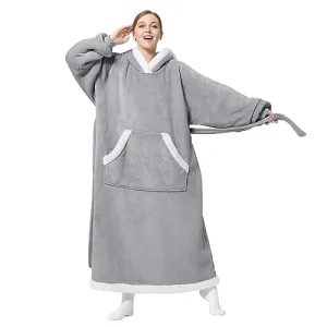 Bedsure Wearable Blanket Hoodie Women - Long Sherpa Fleece Hooded Blanket for Adult Women Men, Warm Cozy Blanket Sweatshirt with Giant Pocket and Belt, Winter Gifts for Girlfriend Mom, Standard, Grey
