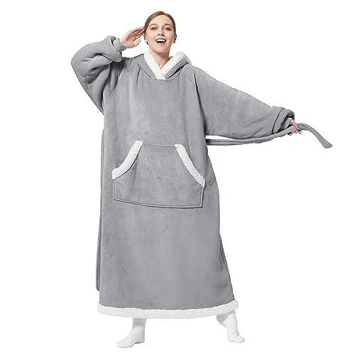 Bedsure Wearable Blanket Hoodie Women - Long Sherpa Fleece Hooded Blanket for Adult Women Men, Warm Cozy Blanket Sweatshirt with Giant Pocket and Belt, Winter Gifts for Girlfriend Mom, Standard, Grey