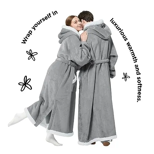 Bedsure Wearable Blanket Hoodie Women - Long Sherpa Fleece Hooded Blanket for Adult Women Men, Warm Cozy Blanket Sweatshirt with Giant Pocket and Belt, Winter Gifts for Girlfriend Mom, Standard, Grey