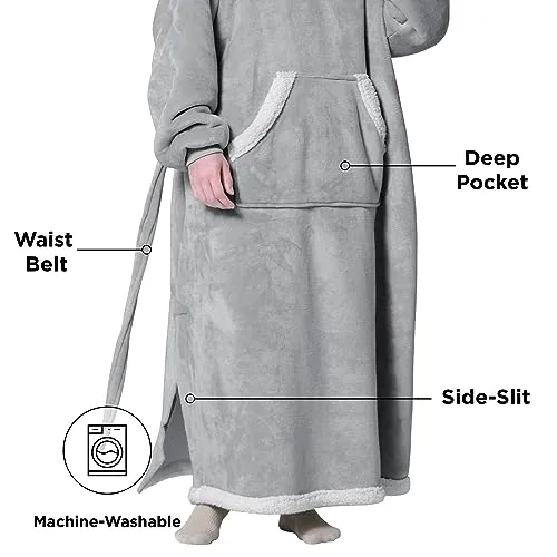Bedsure Wearable Blanket Hoodie Women - Long Sherpa Fleece Hooded Blanket for Adult Women Men, Warm Cozy Blanket Sweatshirt with Giant Pocket and Belt, Winter Gifts for Girlfriend Mom, Standard, Grey