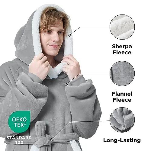 Bedsure Wearable Blanket Hoodie Women - Long Sherpa Fleece Hooded Blanket for Adult Women Men, Warm Cozy Blanket Sweatshirt with Giant Pocket and Belt, Winter Gifts for Girlfriend Mom, Standard, Grey