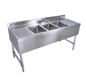 BK Resources UB4-21-360TS 60" Underbar Sink with 3 Bowls and 1 Faucet with Two Drainboard