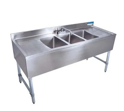 BK Resources UB4-21-360TS 60" Underbar Sink with 3 Bowls and 1 Faucet with Two Drainboard