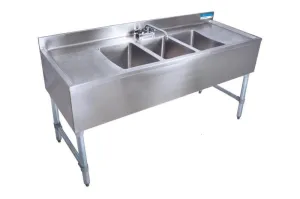 BK Resources UB4-21-372TS 72" Underbar Sink with 3 Bowls and 1 Faucet with Two Drainboard