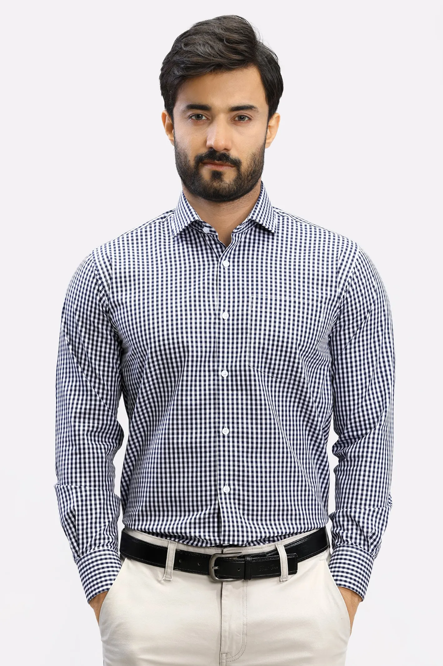 Navy Blue Gingham Check Formal Shirt