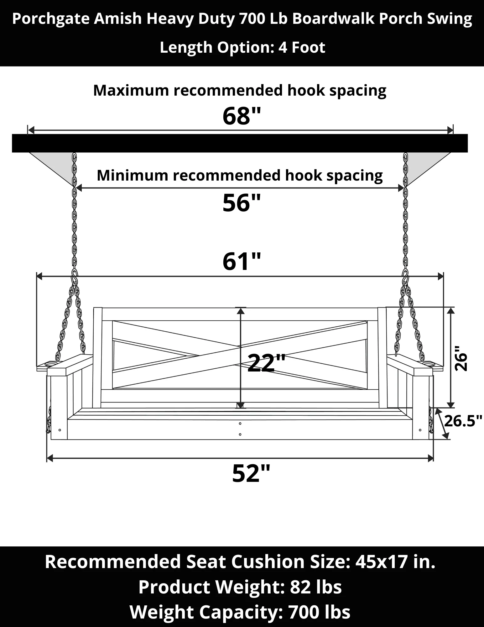 Porchgate Amish Heavy Duty 700 Lb Boardwalk Porch Swing