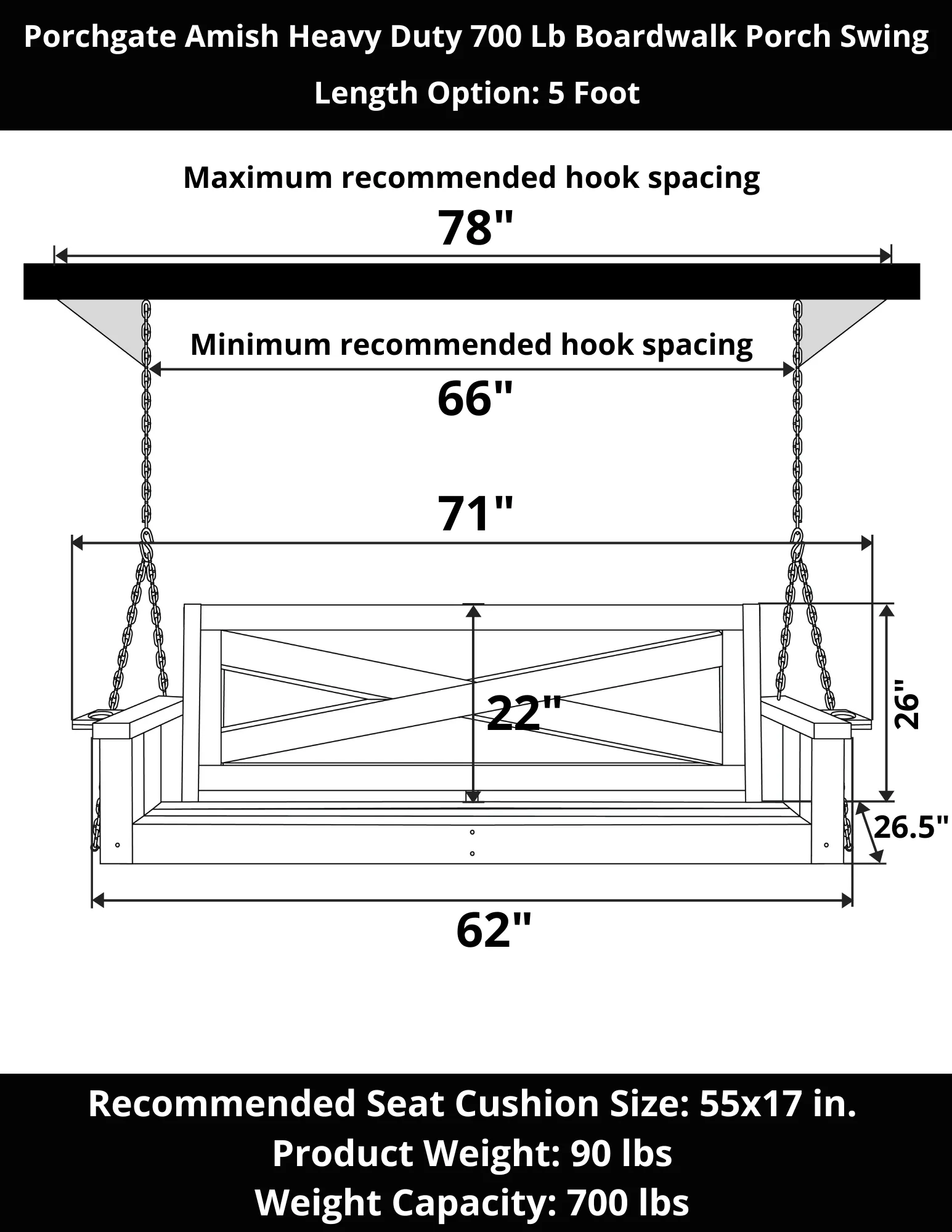 Porchgate Amish Heavy Duty 700 Lb Boardwalk Porch Swing