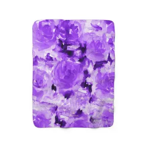 Purple Floral Abstract Print Designer Cozy Sherpa Fleece Blanket-Made in USA
