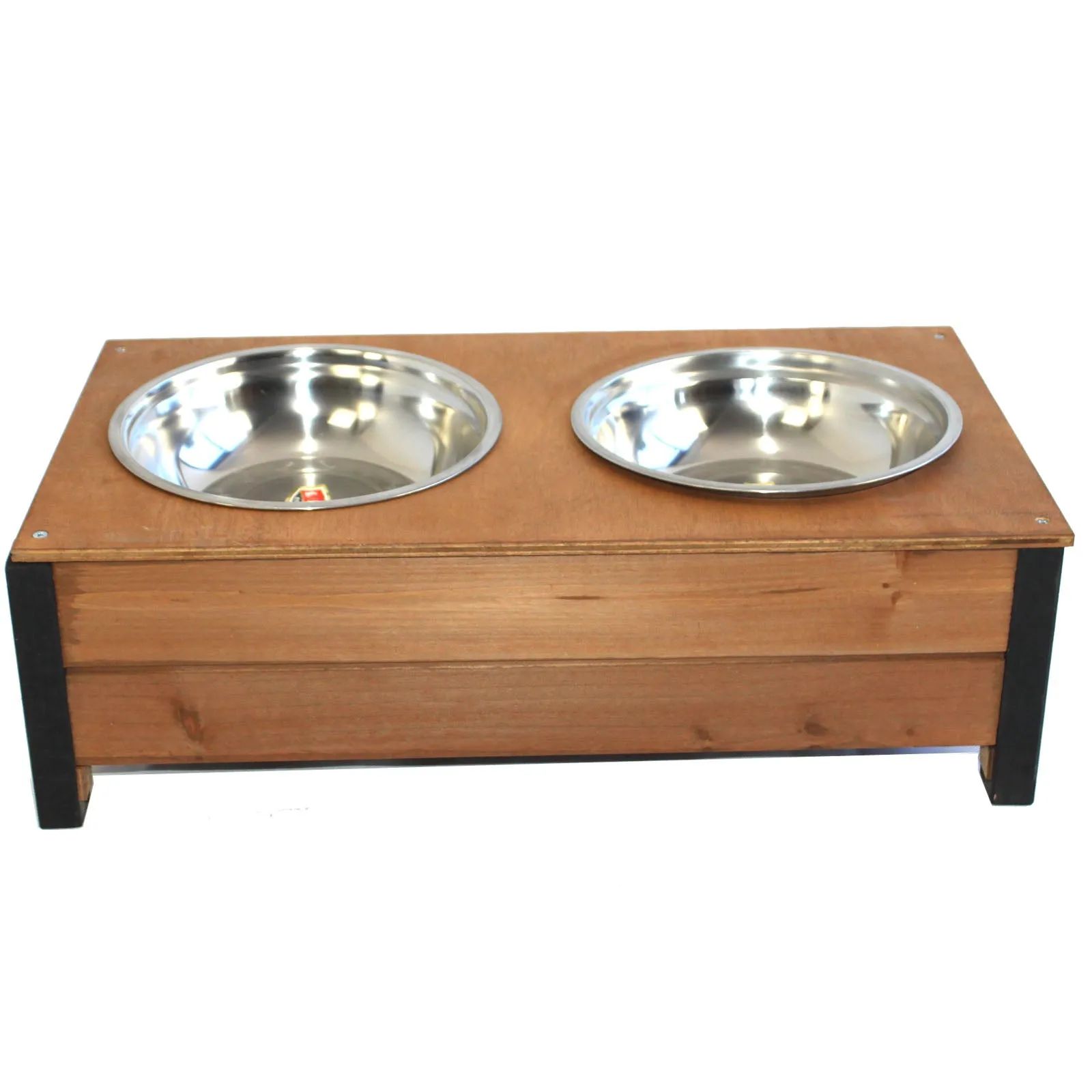 Wooden Food Bowl Holder   Two 23cm Large Stainless Steel Bowls